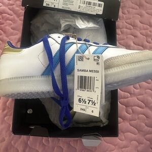Adidas Samba Messi White Sneakers with Blue and Gold Accents.  Size 7.5.
